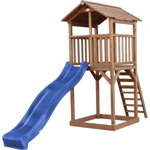 Axi Beach Tower Spielturm aus Holz mit blauer Rutsche und Leiter.