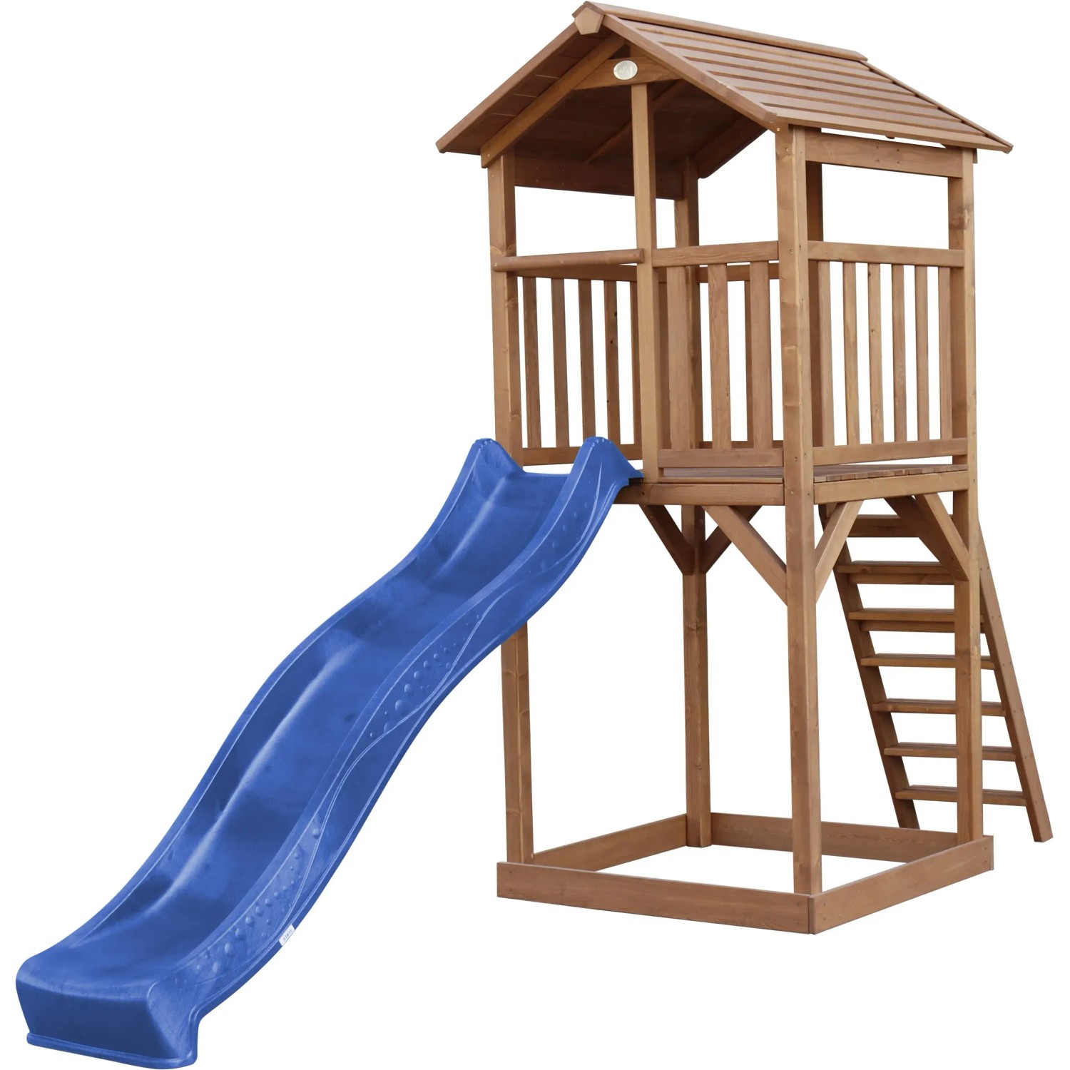 Axi Beach Tower Spielturm aus Holz mit blauer Rutsche und Leiter.