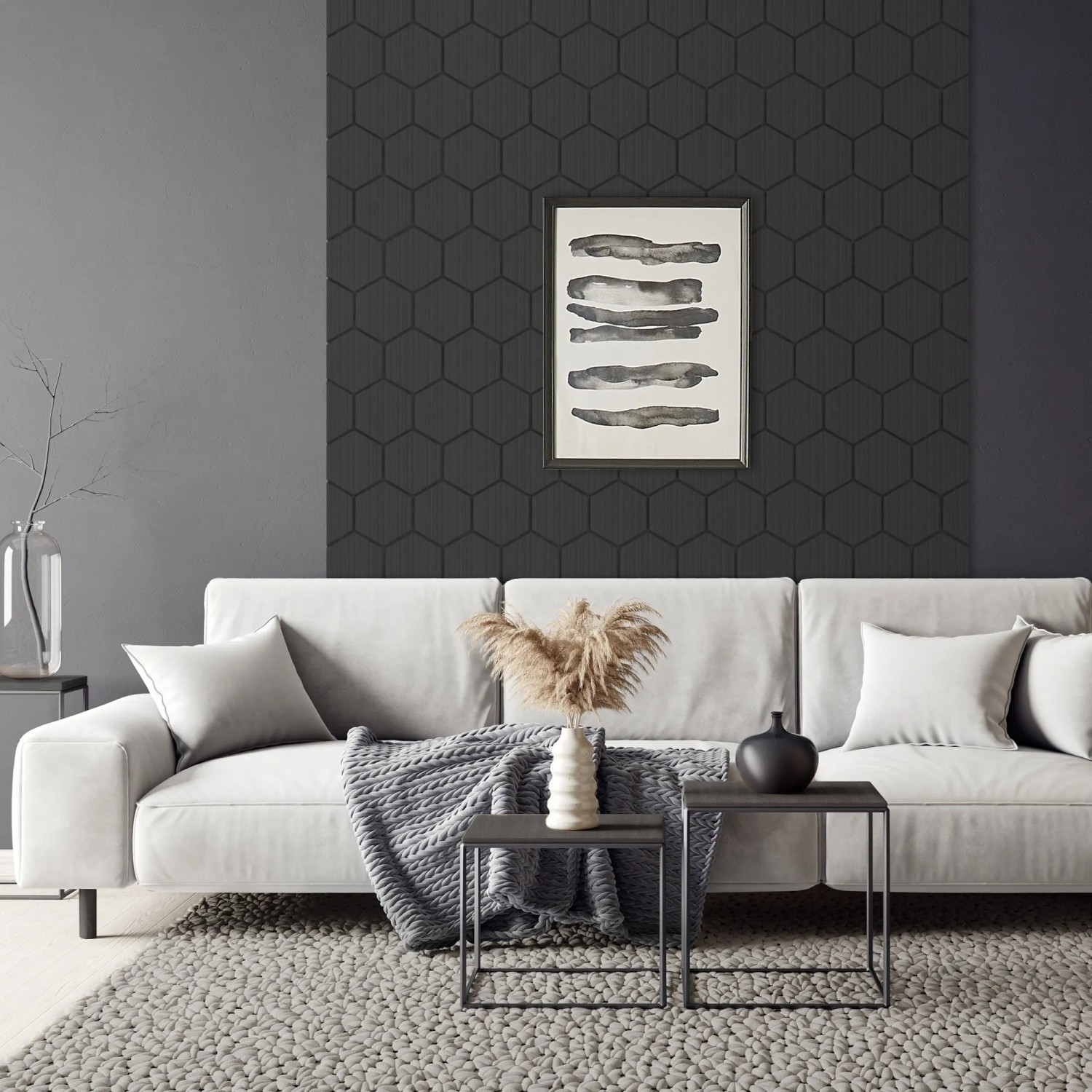 ML-Design Akustikpaneel Hexagon 2er Set Schwarz an Wand im Wohnraum.