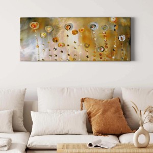 Abstraktes Blumen-Wandbild in Gold und Gelb auf Leinwand für Wohnzimmer und Schlafzimmer.