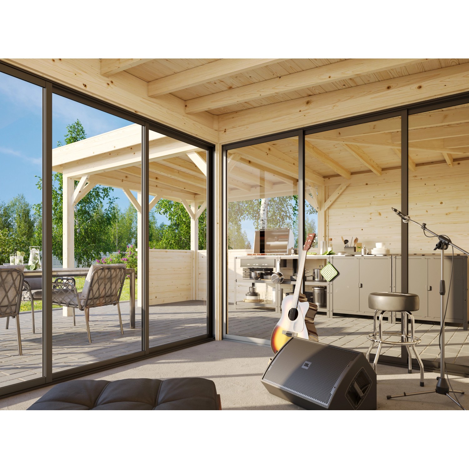 Palmako Pavillon Lenna Set 409, 588x588 cm, weiß lackiert, mit Schiebetüren und Tresenanlage.