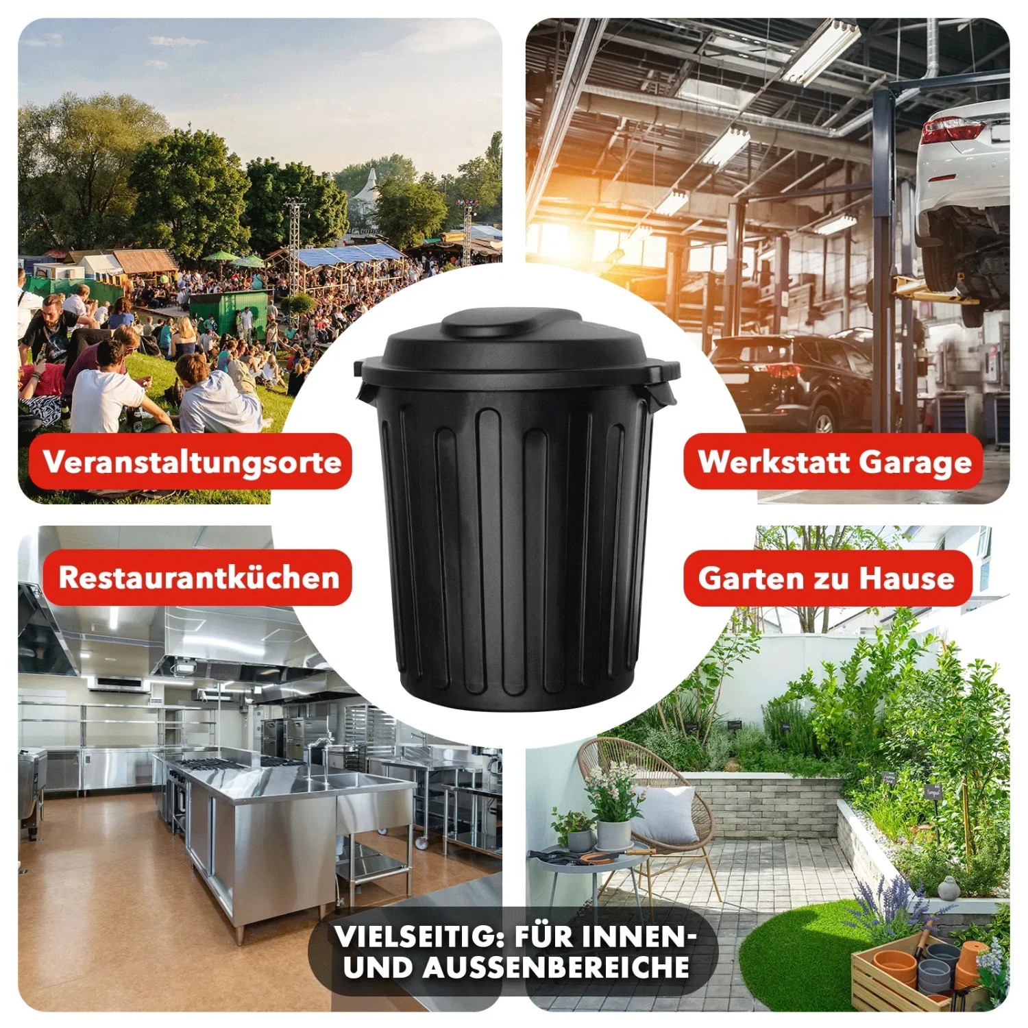 Schwarzer KARAT Mülleimer Robin 60L mit Deckel für Küche, Büro und Garten.