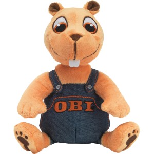 OBI Biber Plüschtier, orangefarben mit Jeanslatzhose, 22 cm große Dekofigur.