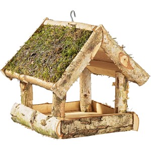 Kleines Vogelfutterhaus aus Birke mit Moosdach für Wildvögel.