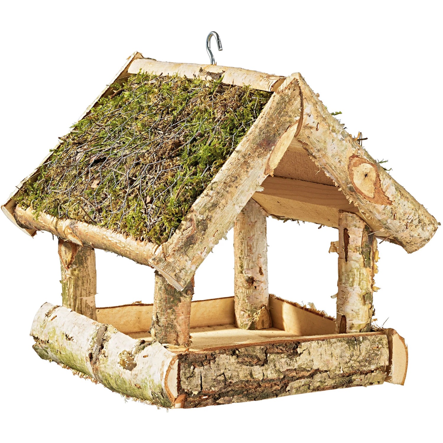Kleines Vogelfutterhaus aus Birke mit Moosdach für Wildvögel.