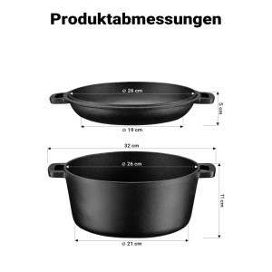 Wiltec 2in1 Dutch Oven Gusseisen: Abmessungen von Topf (32x11cm) und Deckel/Pfanne (26x5cm). Grillzubehör.