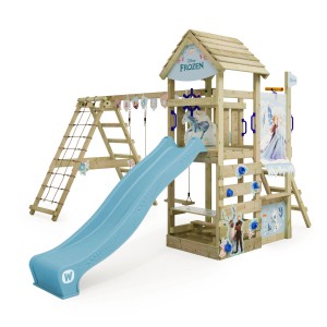 Wickey Disney Eiskönigin Spielturm mit Rutsche, Schaukel und Kletterwand in Pastellblau.