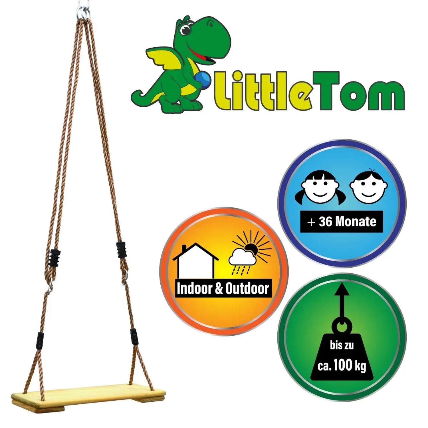 LittleTom Brettschaukel, braun, aus Kiefernholz, bis 100 kg belastbar, für drinnen und draußen.