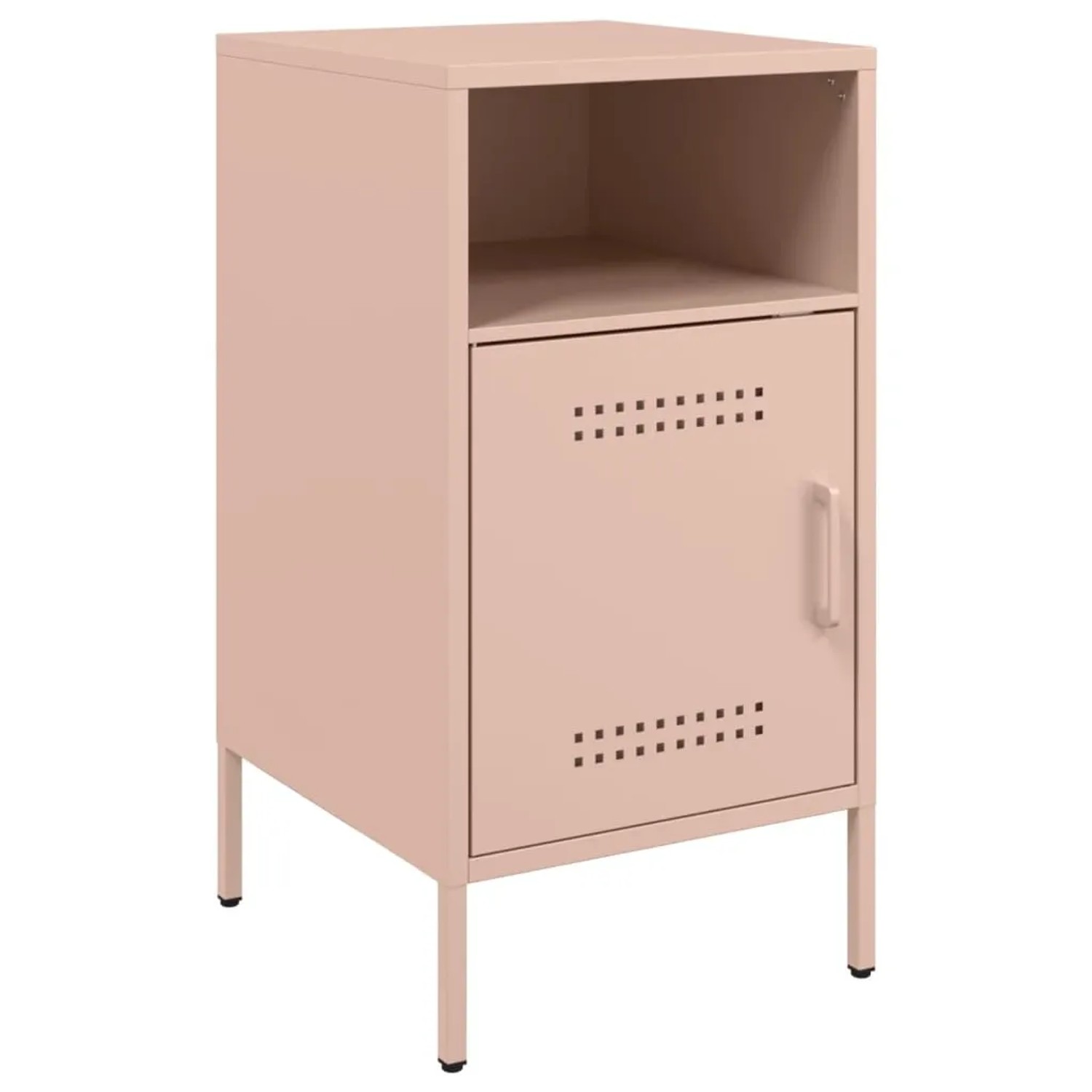 Rosa Nachttisch Set (2 Stk.) aus kaltgewalztem Stahl mit Tür und offenem Fach.