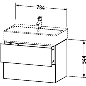 Duravit Waschbeckenunterschrank L-Cube, weiß hochglanz, mit Schubladen und Maßangaben.