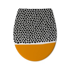 WC-Sitz mit Animal Print und Absenkautomatik, Oberteil schwarz-weiß, Unterteil orange.