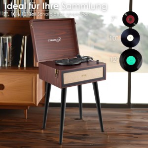 Cyberlux Retro Plattenspieler mit Bluetooth, FM-Radio, USB und SD-Karteneingang im Holzgehäuse.