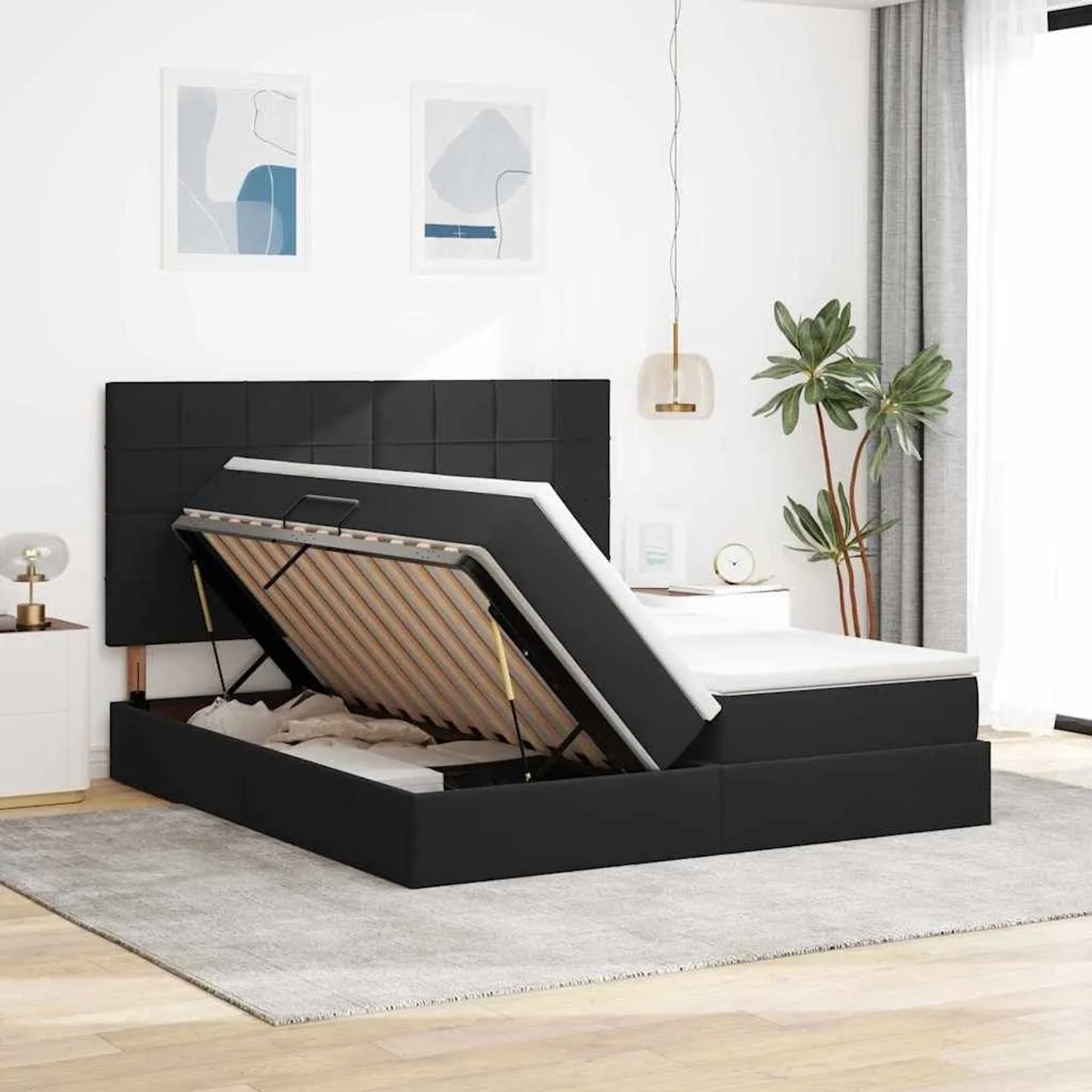 Schwarzes vidaXL Bett mit LED-Leisten, 180x200 cm, Samt, mit offenem Bettkasten.
