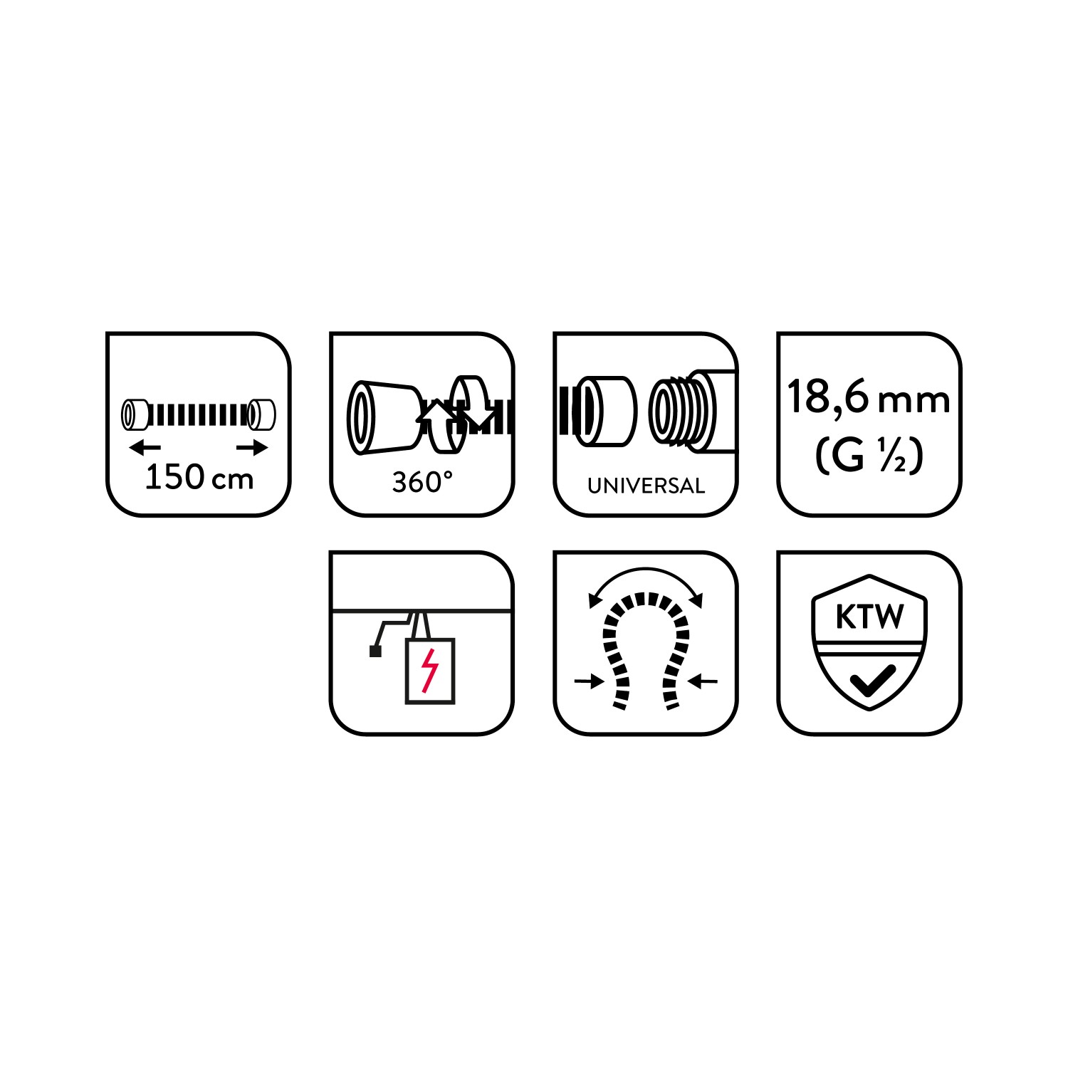 Piktogramme des baliv Metall Sicherheitsbrauseschlauchs: Länge, Verdrehschutz, Universal, Durchmesser, Sicherheit, Flexibilität, KTW.