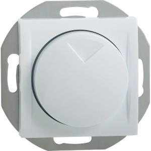 OBI Phasenabschnittdimmer Ariane, polarweiß, mit runder Abdeckung und silberfarbenem Rahmen.