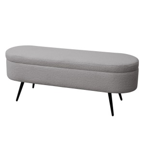 Graue Svita Ivy Sitzbank mit Teddystoff, Ottomane mit Stauraum und schwarzen Füßen.