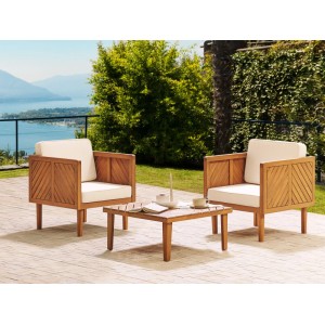 Hellbeiges Bistro Set BARATTI, bestehend aus zwei Sesseln und einem Tisch, für den Garten.
