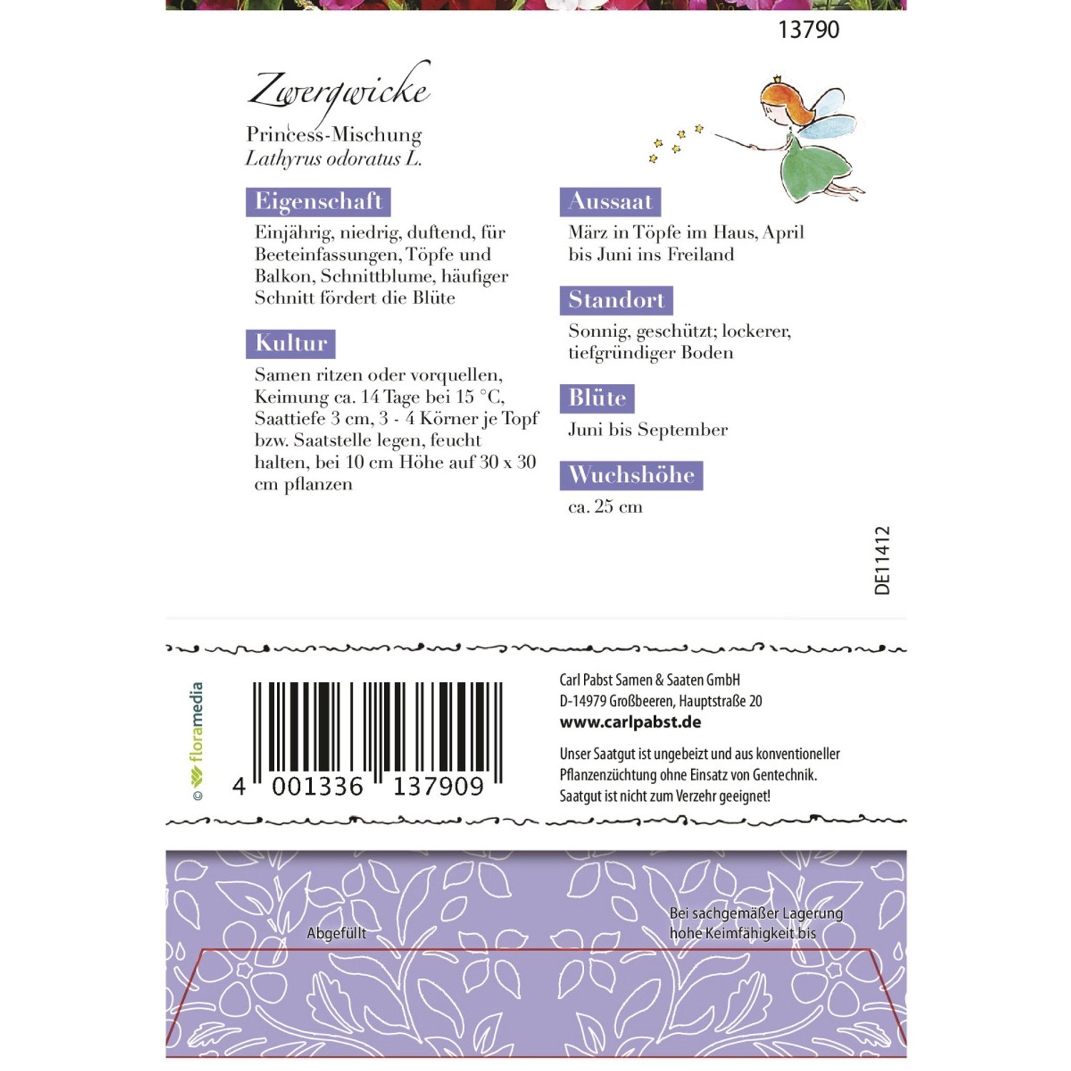 Verpackung der Grüne Fee Zwergwicke Princess-Mischung Blumensamen.