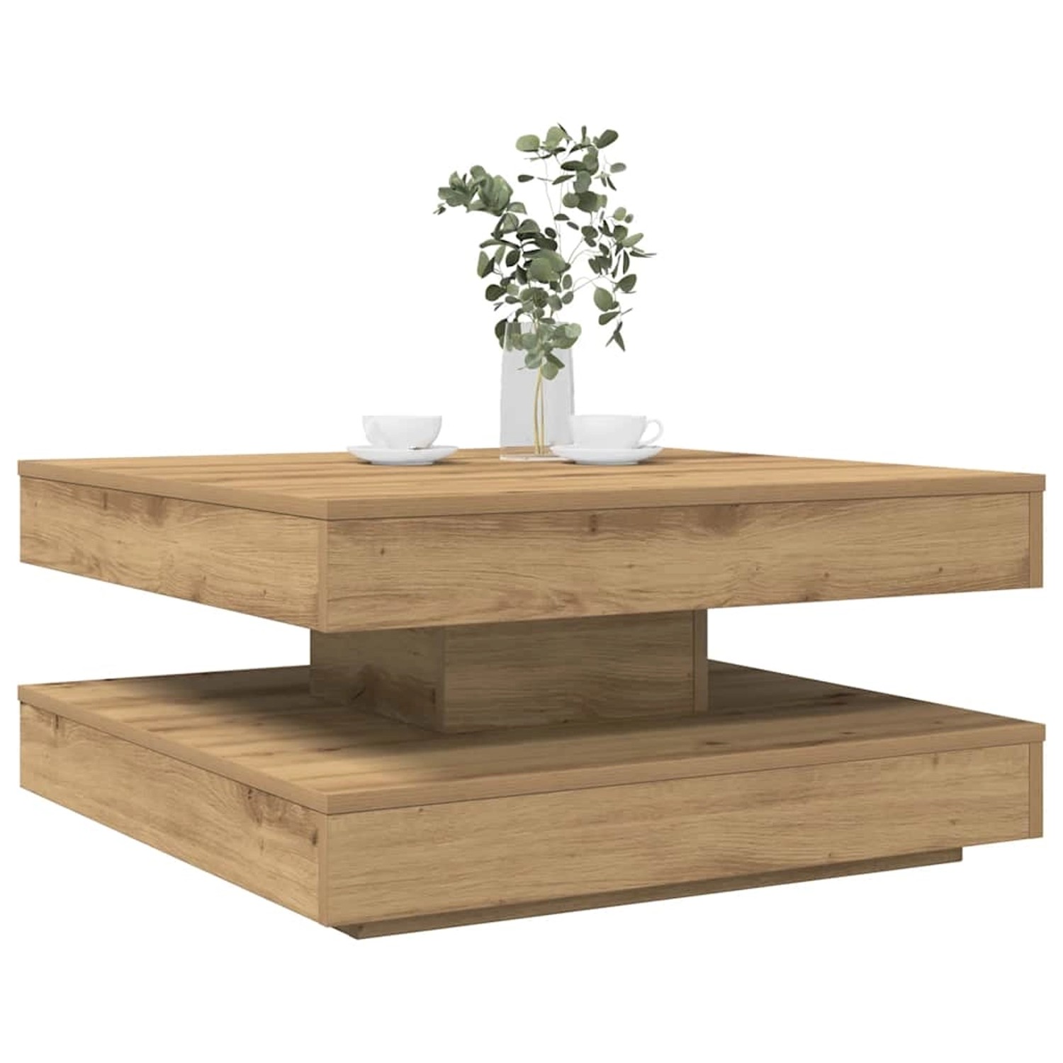 Quadratischer, drehbarer Couchtisch in Artisan Eiche mit zwei Ebenen und Deko.