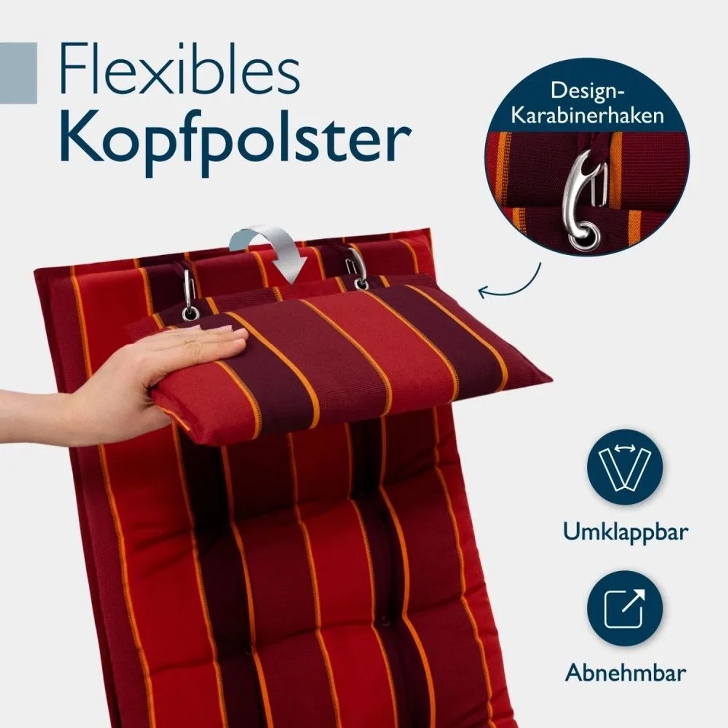 Beautissu Sun-HL Hochlehner Auflage rot-gestreift mit flexiblem, abnehmbarem Kopfpolster und Karabinerhaken.