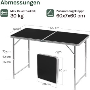 WOLTU Campingtisch, Klapptisch, Gartentisch, höhenverstellbar, schwarz, mit Maßangaben.
