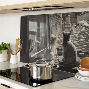 Tulup Herdabdeckplatte SET aus 2 Stück 40x52 cm Schneidebrett aus Glas Schutzplatte Spritzschutz Katzen im Fenster