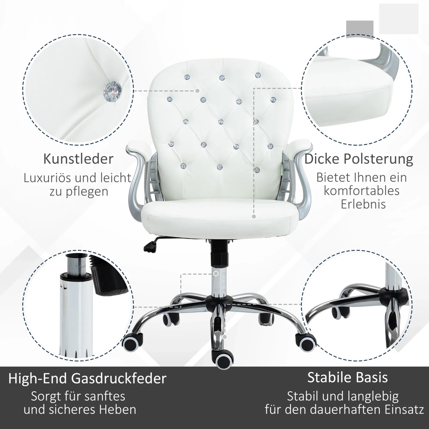 Weißer Vinsetto Bürostuhl mit Knopfheftung und Chromgestell. Ergonomischer Schreibtischstuhl für Home Office.