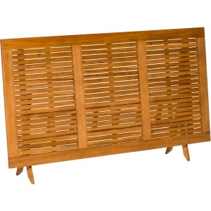 Zusammengeklappter, brauner Merxx Klapptisch (200x100 cm) aus Holz. Gartentisch für den platzsparenden Transport.