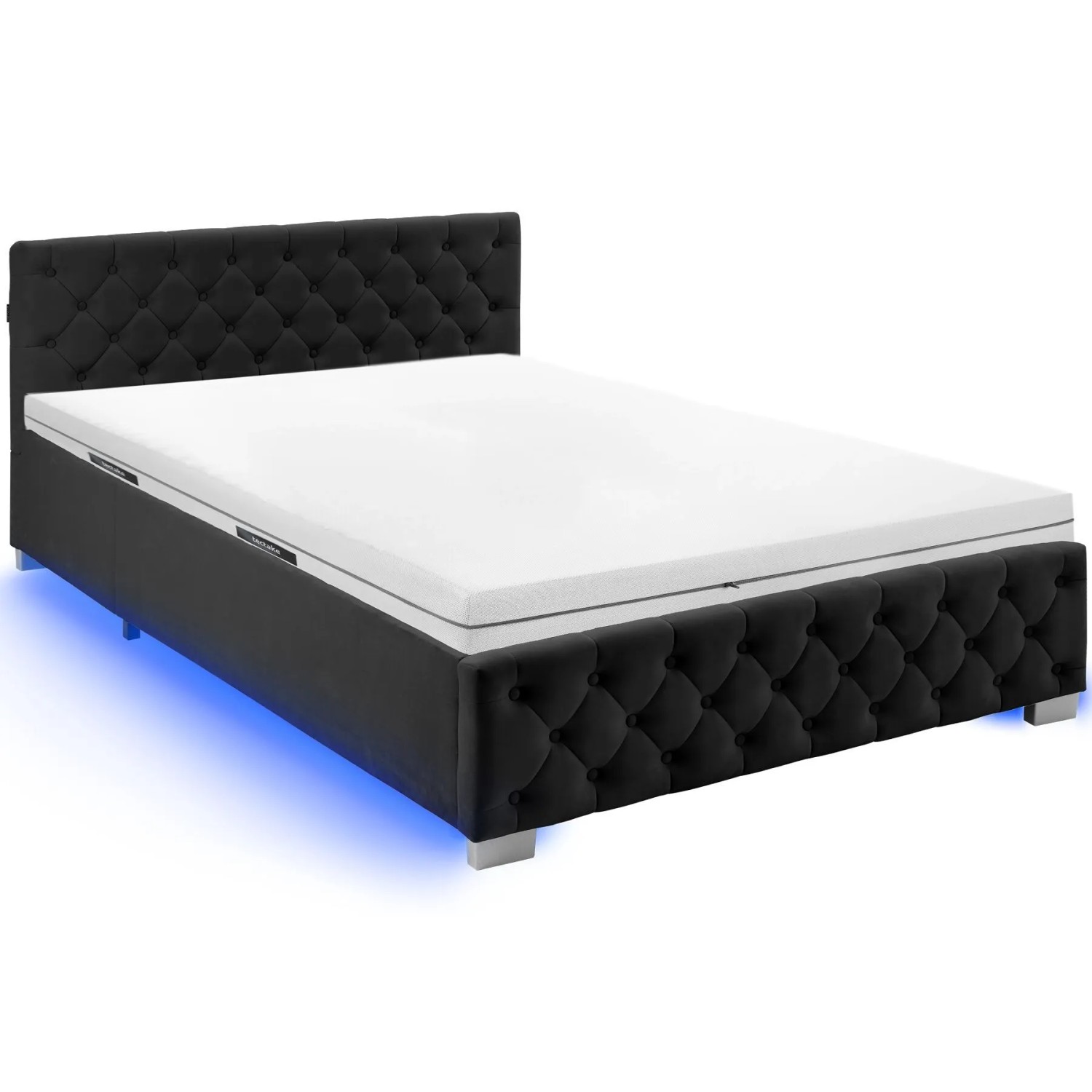 Tectake Bettset  Polsterbett In Samtoptik Mit Steppmuster Matratze Mit Komfortschaumkern  2 Härtegrade  H2   H3   215 x 148 x 83 cm Samtoptik Schwarz