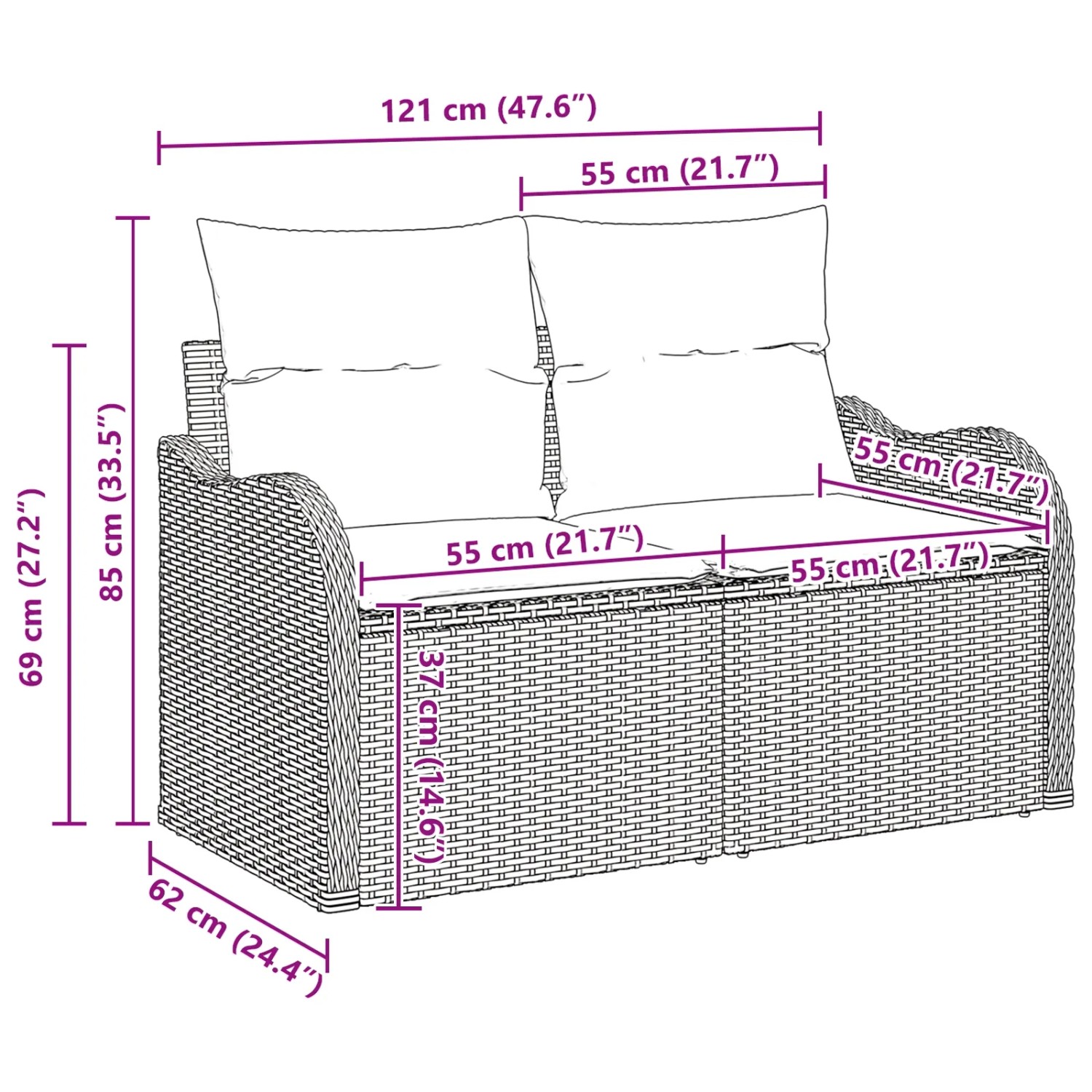 vidaXL Garten-Sofa-Set 7-teilig, schwarz, Poly Rattan, mit Maßen. Ideal für Terrasse und Garten.