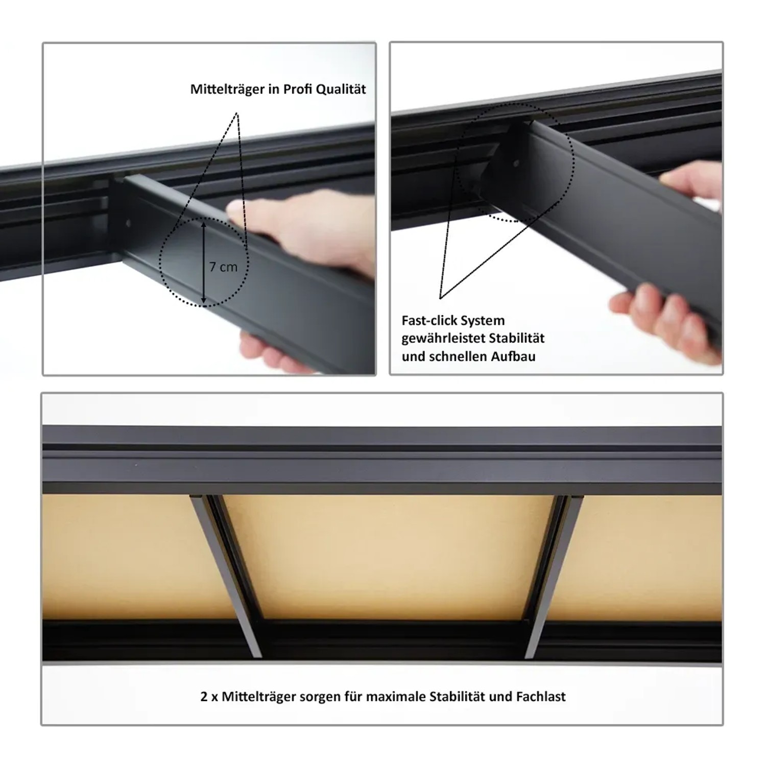 Detailaufnahme: PROREGAL Schwerlastregal Dino, schwarze Metallträger und MDF-Holzböden für hohe Stabilität.