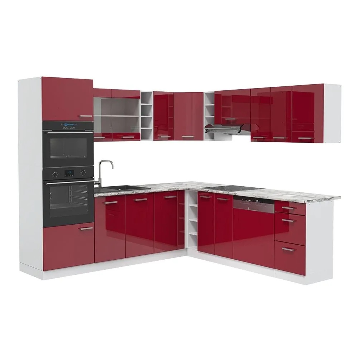 Vicco Eckküche R-Line Rot Hochglanz/Weiß 247 x 82, AP Marmor