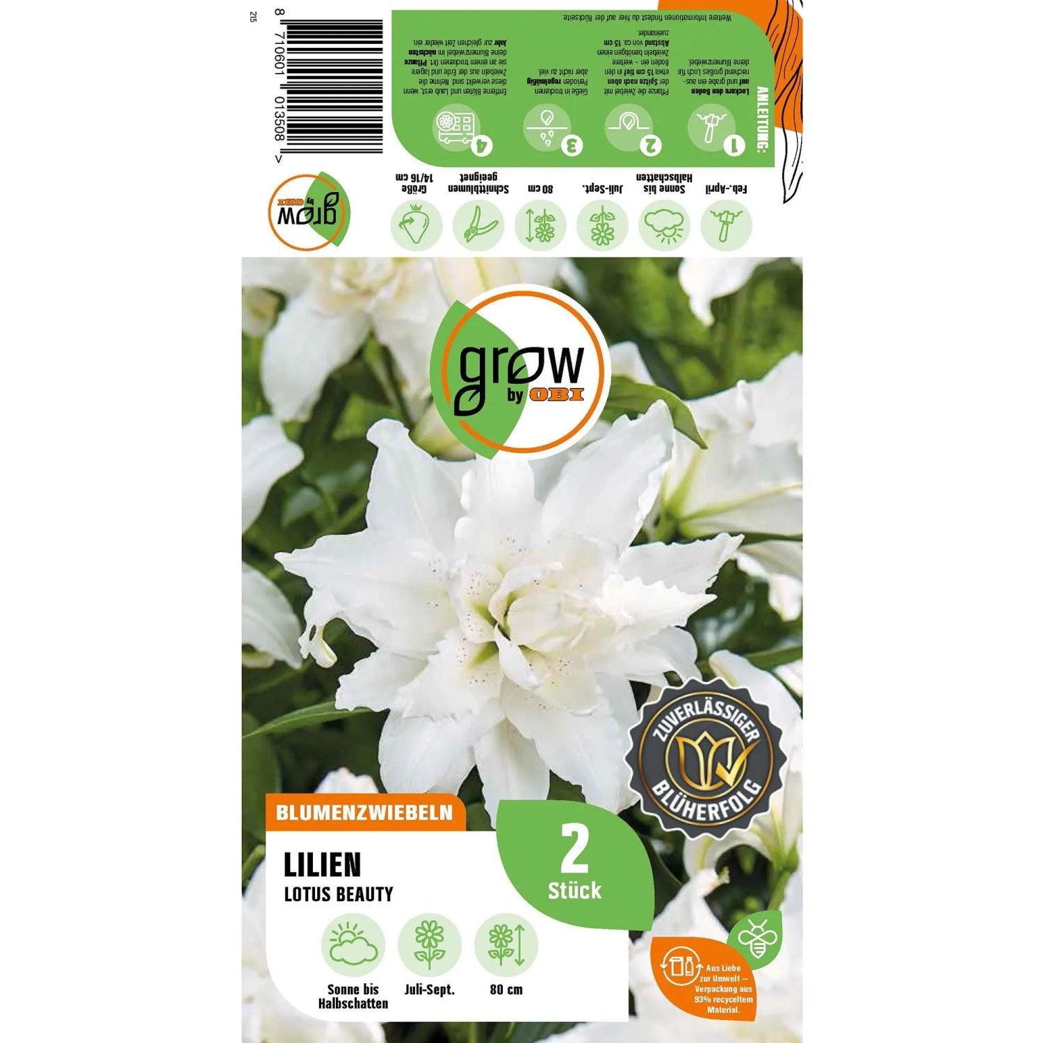 Verpackung der GROW by OBI Lilie Oriental Lotus Beauty mit weißen Blüten.