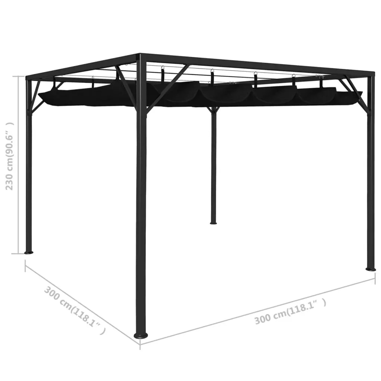 Anthrazitfarbener Gartenpavillon 3x3 m mit ausziehbarem Dach. Ideal für den Sonnenschutz im Garten.