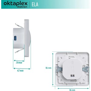 Oktaplex Ela Bewegungsmelder Unterputz, weiße Ausführung mit Maßangaben.