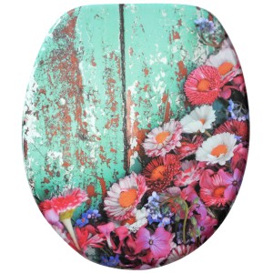 Sanilo WC-Sitz Spring mit Absenkautomatik, Holz, Blumenmuster auf türkisem Grund.