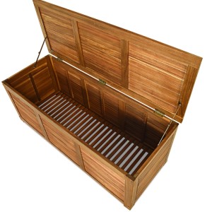 Offene Costway Gartenbox aus Akazienholz, 179 L, für Gartengeräte und Kissen.