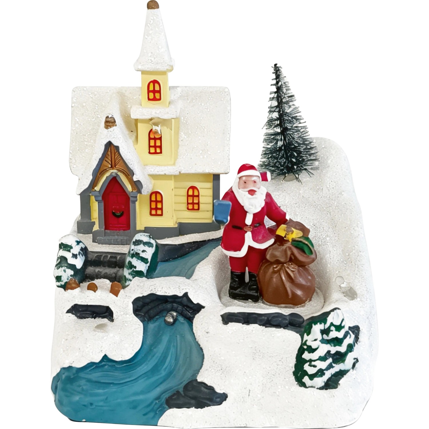 Beleuchtetes OBI Weihnachtsdorf mit mehrfarbiger Kirche, Santa Claus und Schnee. Ideal als Weihnachtsdekoration aus Kunststoff.