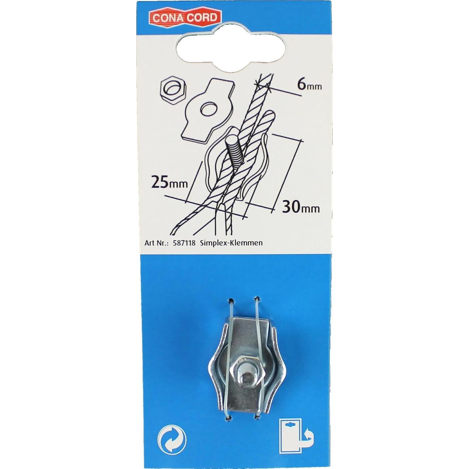 Conacord Simplex-Klemme aus Stahl, 30 mm, in Verpackung. Diagramm zeigt Seilbefestigung für Faserseile.