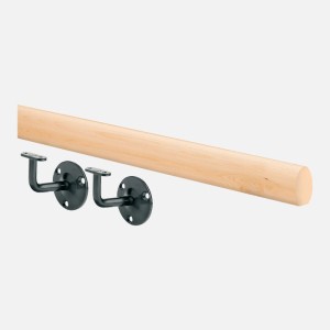 Kordo Wandhandlauf-Set, 2m, Tanne mit schwarzen Halterungen für die Innenmontage.