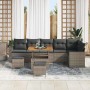 Graues 9-teiliges vidaXL Garten-Sofa-Set aus Poly Rattan mit Tisch und Hockern.