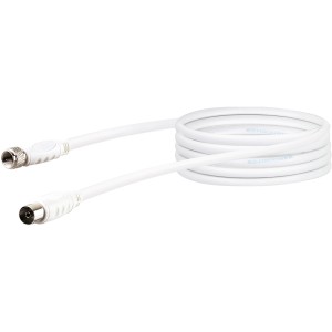 Weißes Schwaiger SAT-Anschlusskabel, F-Stecker auf IEC-Buchse, 3 m Länge.