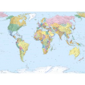 Komar Fototapete World Map, Weltkarte mit farbigen Ländern und Beschriftung.