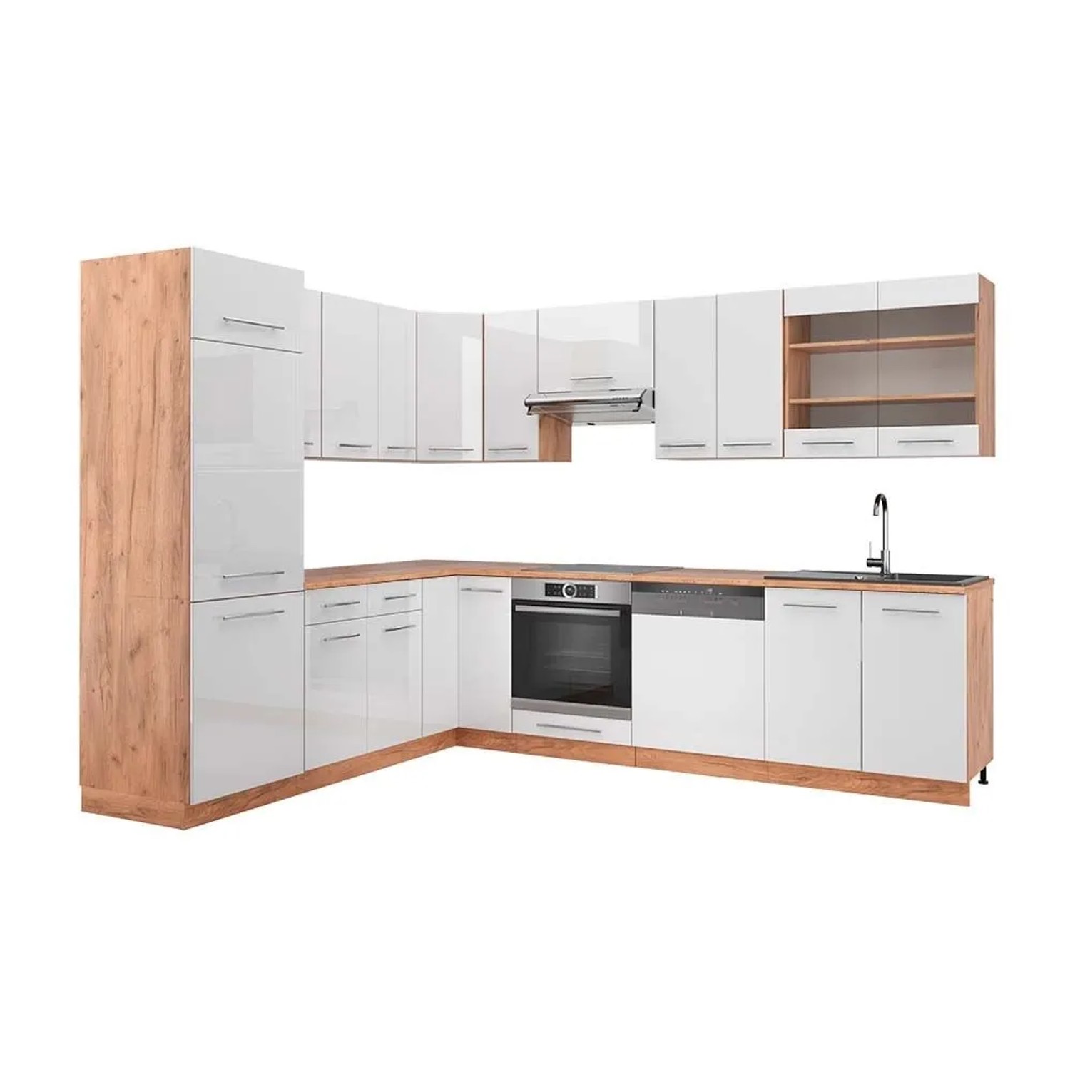 Vicco Eckküche Fame-Line Weiß Hochglanz/Goldkraft Eiche 287 x 82, AP Eiche