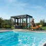 SunElements Gartenhaus SunGarden Infinity 3.2 in Anthrazit-Metallic am Pool mit Familie.