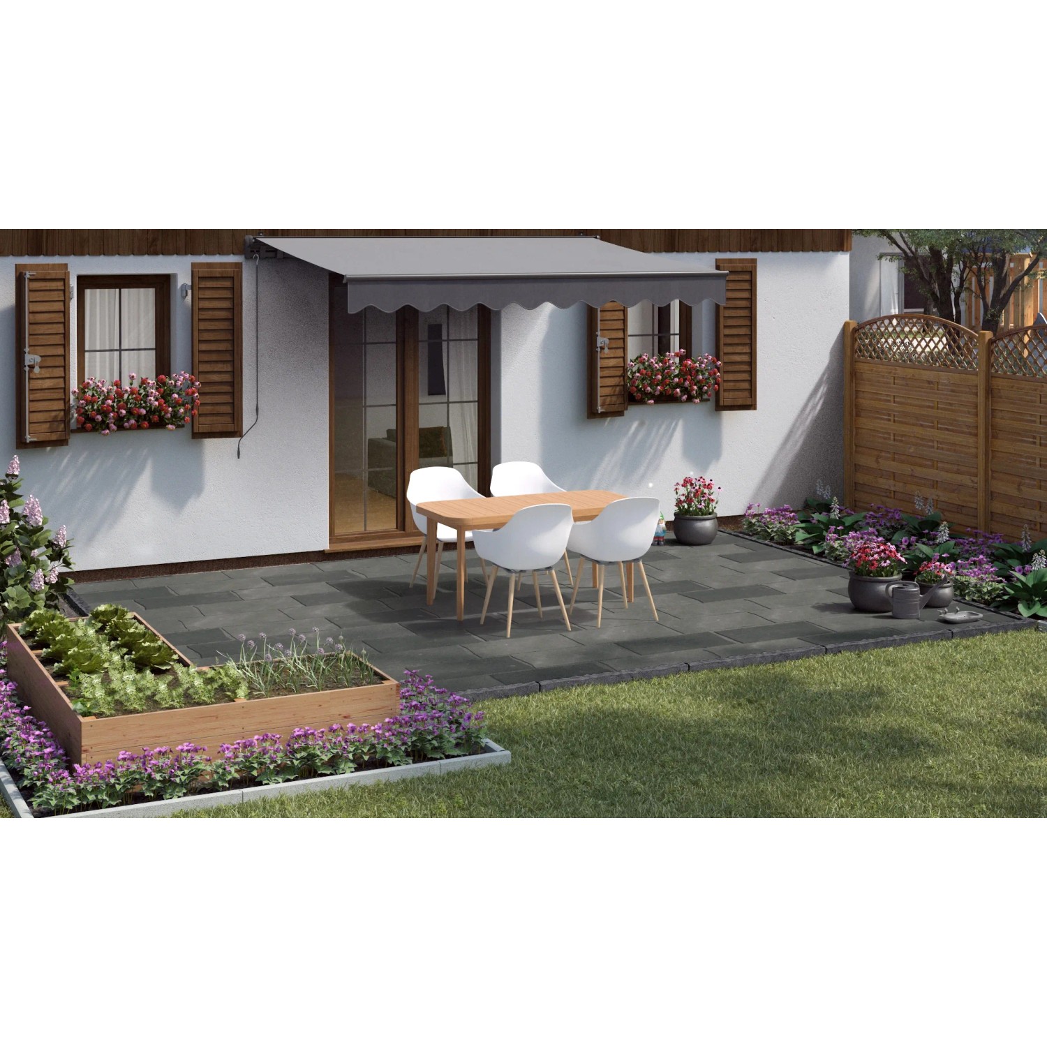 Verlegte Terrassenplatten Naturstein Lima Black 30x60. Gartengestaltung mit dunklen Terrassenplatten.