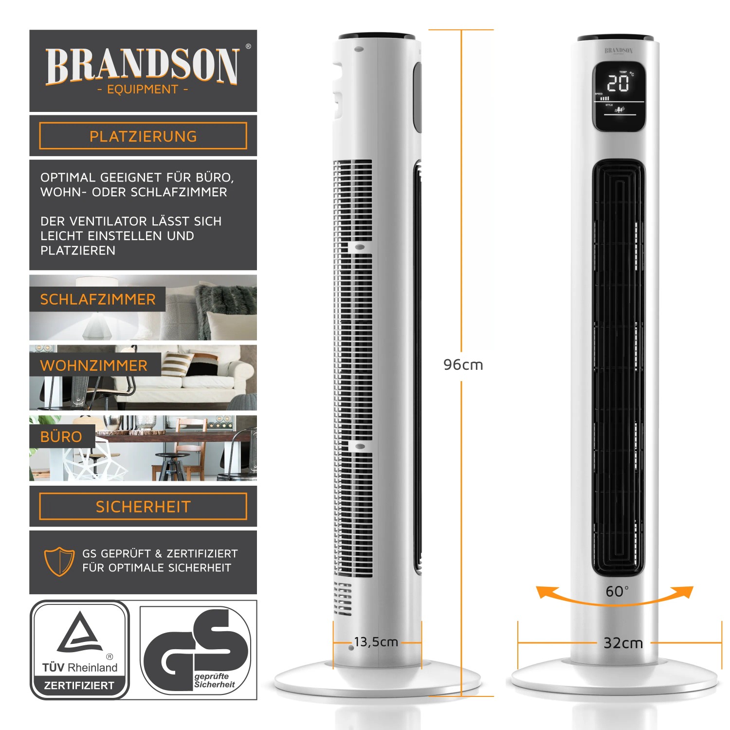 Brandson Turmventilator, 96cm, oszillierend, mit Fernbedienung und LED-Display. Ideal für Büro und Wohnraum.