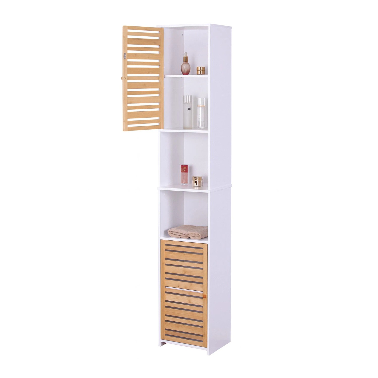 Relaxdays Hochschrank MDF Bambus Weiß Natur Verstellbar Magnetverschluss 190 cm x 34 cm x 29 cm 17,2 kg