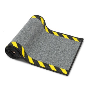 Graue Kabelmatte mit schwarz-gelber Warnumrandung, rutschhemmend, aufgerollt.