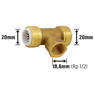 LUX Steckfitting aus Messing, T-Stück mit 20 mm Steckverbindungen und 18,6 mm (Rp 1/2) Innengewinde.